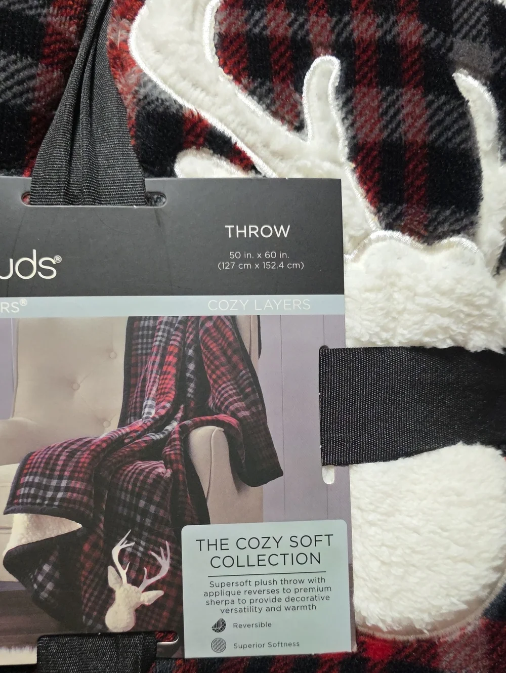 Cuddl Duds Red & Black Plaid Reindeer Throw Blanket